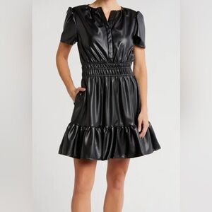 Grey Collective Split Neck a-line faux leather mini dress black short sleeve $70